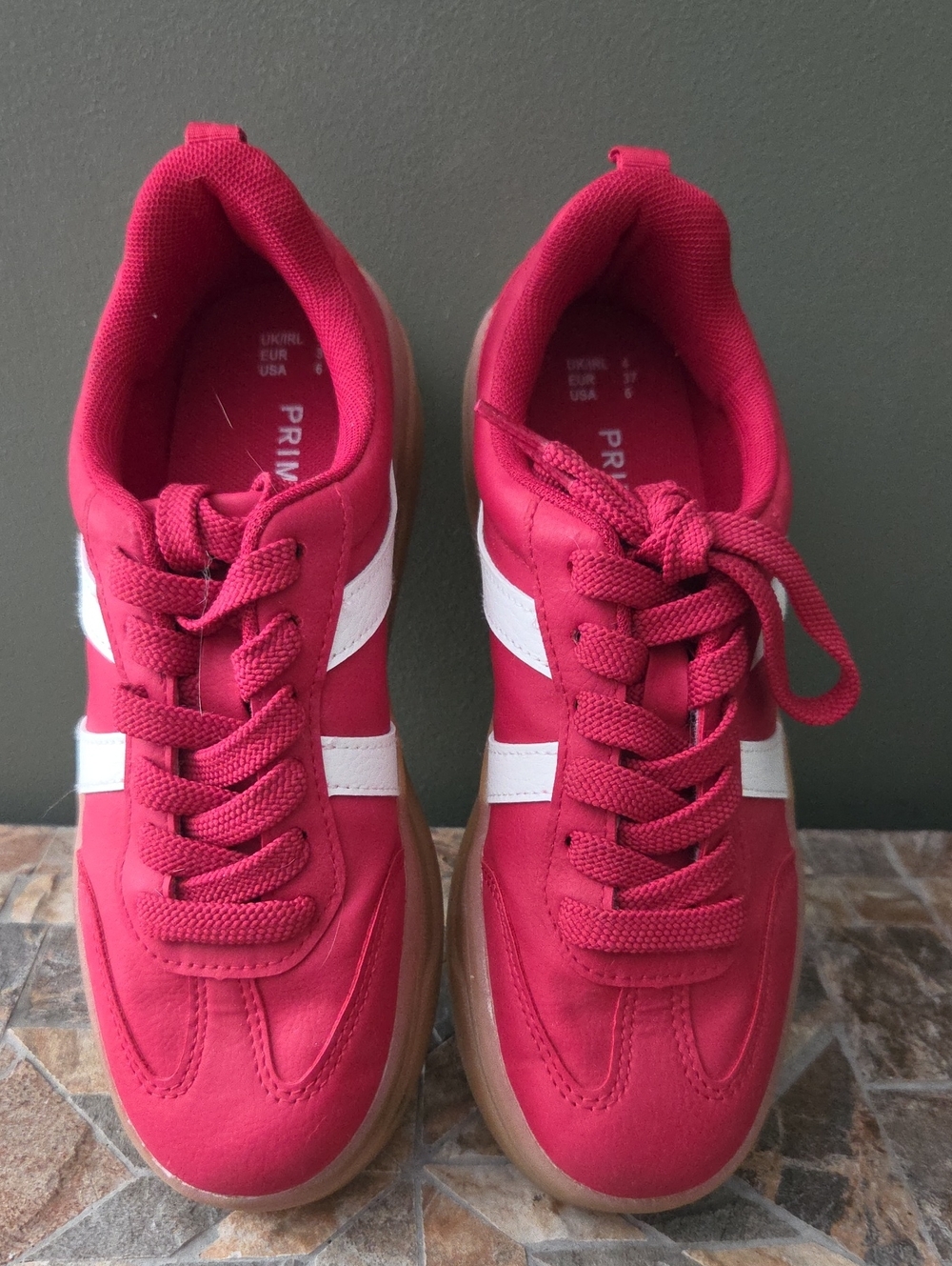 Primark Bright Red Sneakers with White Side Stripes, Size 6